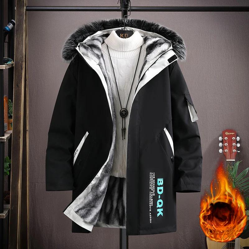 Men's winter new velvet thickened hooded medium and long printed cotton-padded clothes trendy men's casual warm cotton-padded clothes
