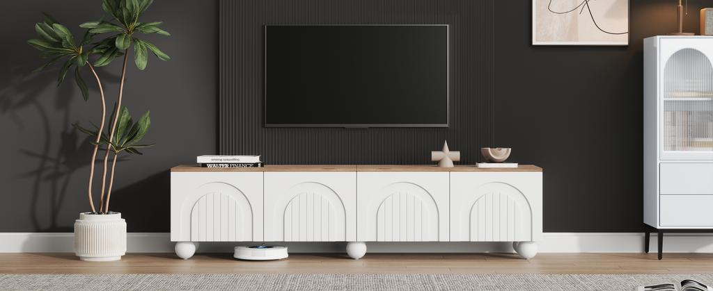 180*40*45cm TV Cabinet with 4 Cabinets, TV Cabinet with 6 Ball-Foot Metal Legs, Suitable for TVs around 80 Inches, Wood Color+White