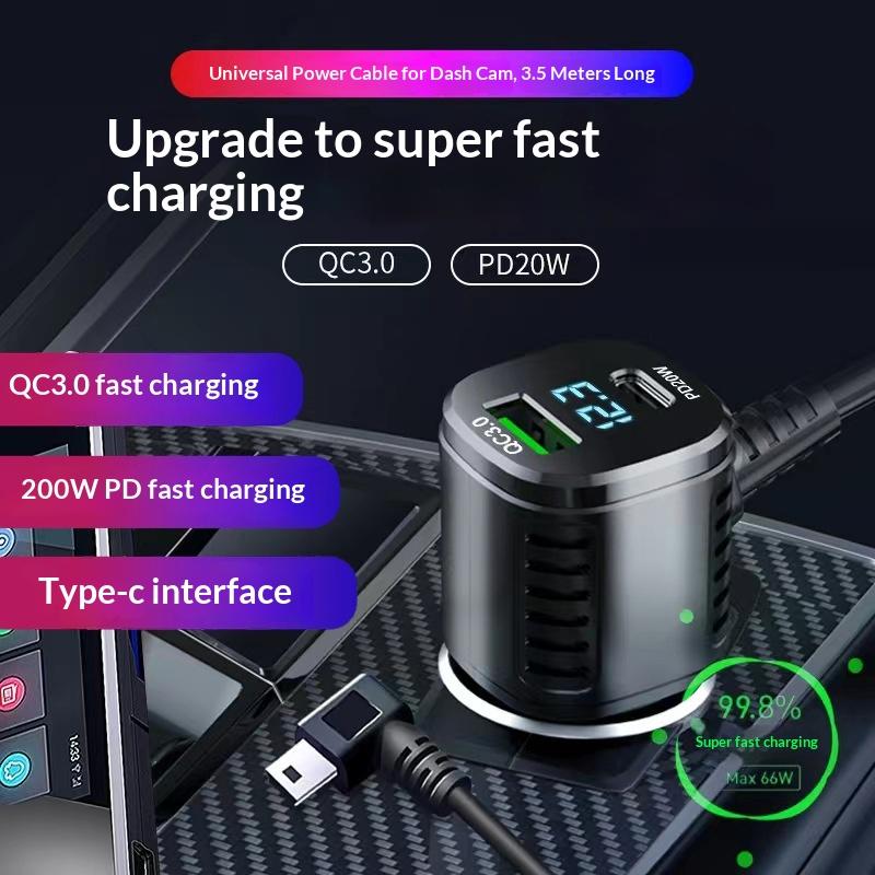 Car DVR Dash Cam Charger Cable 11.5ft Durable TPE Material Micro USB Mini USB Type C Power Cord for Vehicle Use