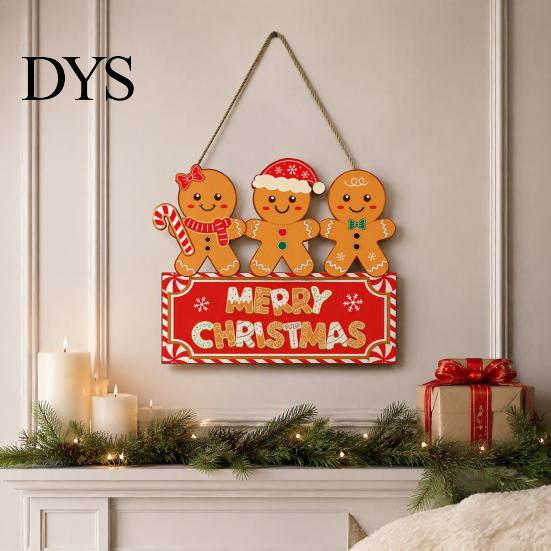 Gingerbread Man Door Decor Christmas Wooden Hanging Sign for Front Door, Merry Xmas Home Entrance Plaque with Lanyard, Holiday Wall Decoration