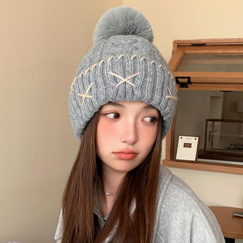 Knitted hat women's velvet thickened warm cold hat versatile ear protectors loose big head circumference hairball wool hat