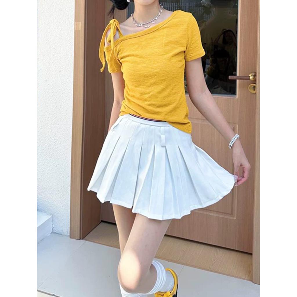 Korean Yellow Slanted Shoulder Short-sleeved T-shirt Slim Versatile Off-the-shoulder Strap Design Spice Girl Top