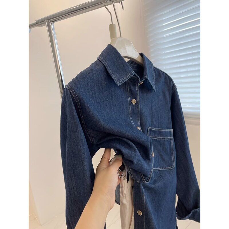 Guangzhou Thirteen Lines Women clothes Wear ~ Deep Light Blue Demin shirt ~ Retro Casual Shirt Spring and Autumn Thin Outerwear