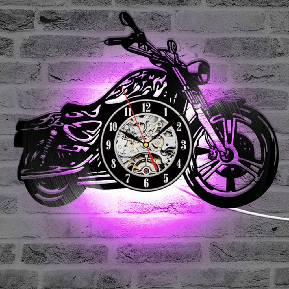 3D Wanduhr Led Leucht Motorrad Form Vinyl Record Mode Design Wand-Montiert Uhr Wohnzimmer Schlafzimmer Home Dekoration
