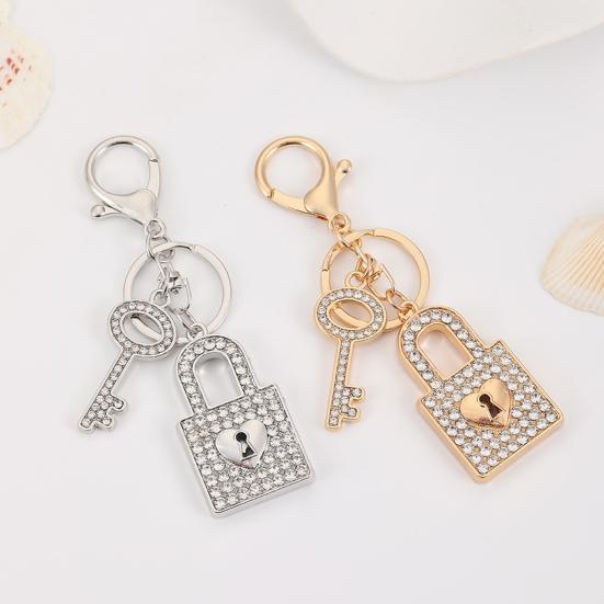 Keychain Pendant Rhinestones Inlaid Concentric Lock Design Couple Key Chain with Anti-Oxidation Lobster Clasp Backpacks Accessory