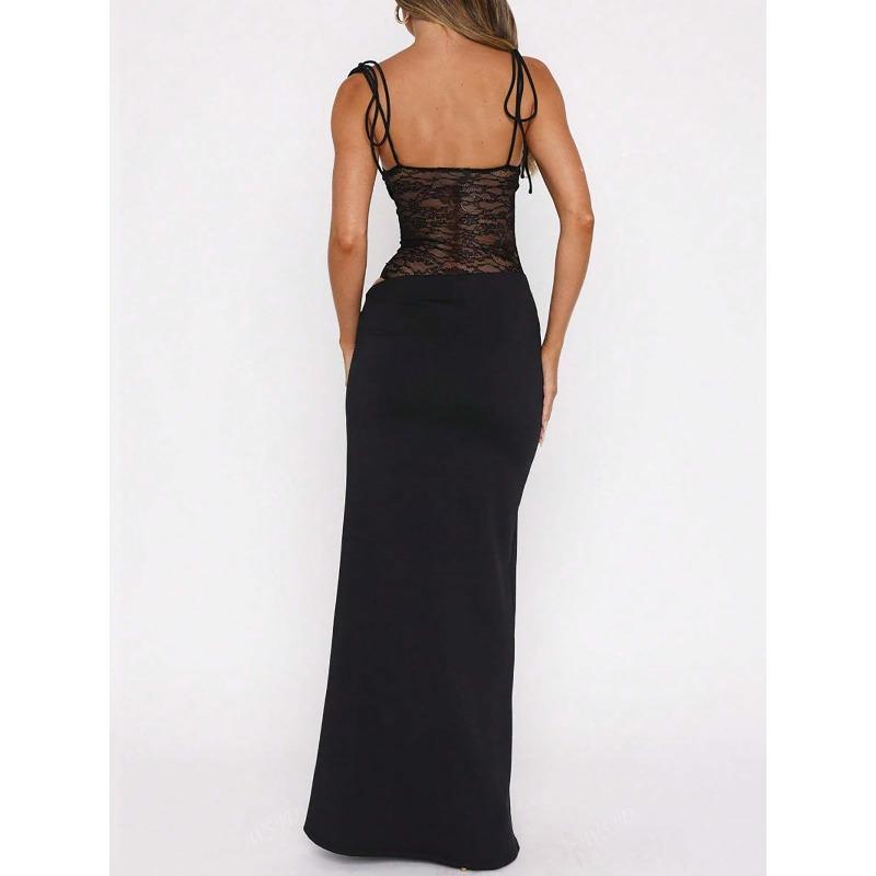 New Long Dress Spring and Summer Solid Color Lace Suspender Strap Strap Waist Slim Hip Wrap Dress