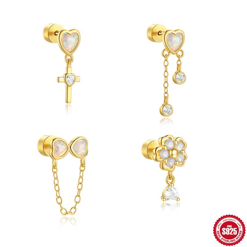 

Valentine S Day Series Love Opal Streamlined Chain Piercing Earrings Earrings Thick Bottom Flat Head Threaded Ear Bone Nails