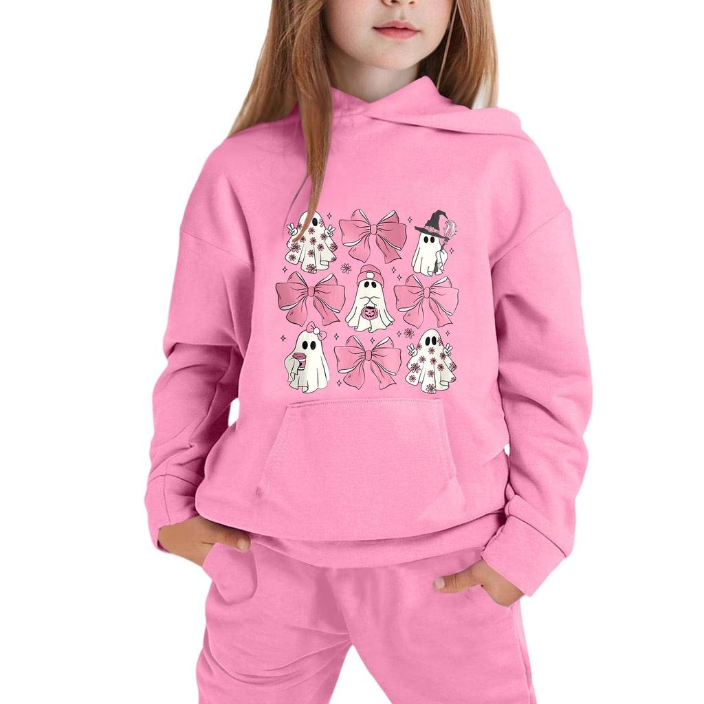 Kids Halloween Hoodie Pullover Sweatshirt with Ghost and Bow Print Long Sleeve Casual Top for Boys Girls