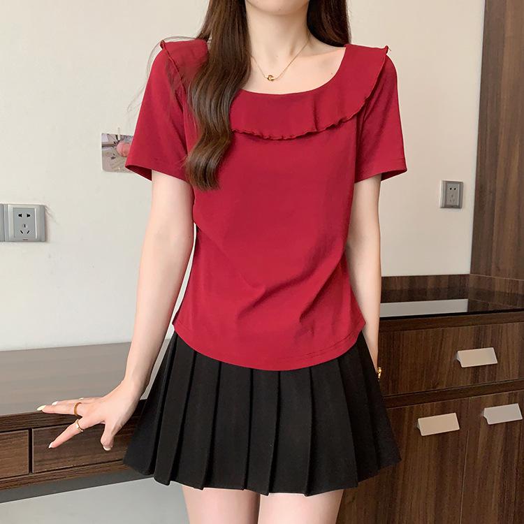 

Plus Size Women s French Style Ruffled Short Sleeve T-Shirt L темно-червоний колір