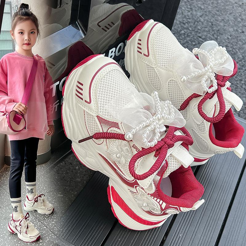 Girls pearl sneakers breathable bow dad shoes 2025 spring and autumn new girls running princess white shoes