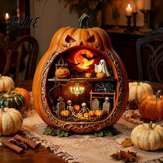 Witch And Castle Decor Halloween Centerpiece Pumpkin Wooden Pumpkin Ornament with Miniature Scenes Rustic Shelf Skeleton for Farmhouse Home