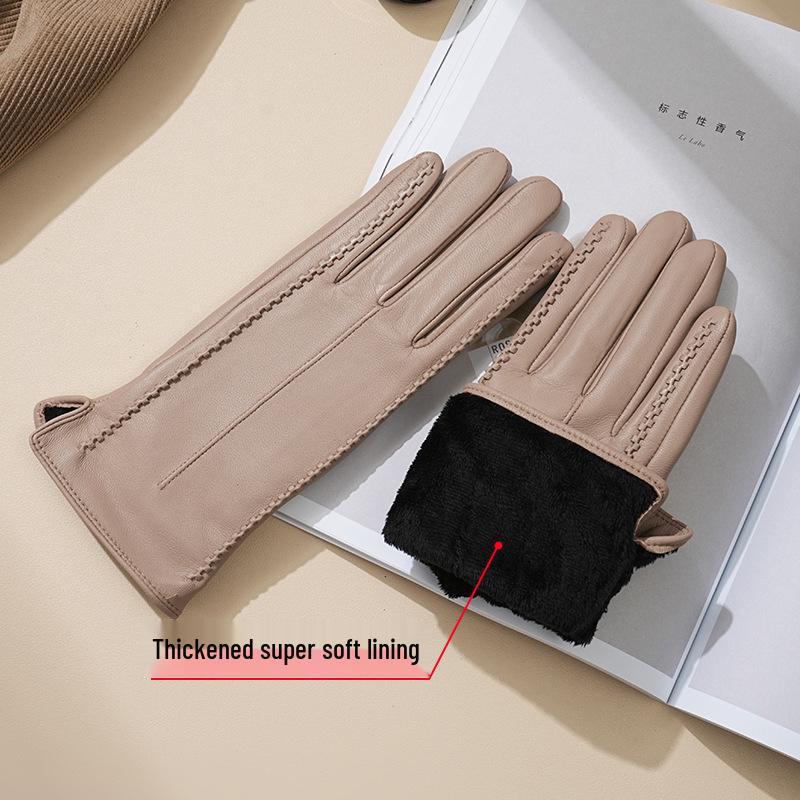Women's Winter Warm Lambskin Leather Gloves - Windproof, Thickened, Touchscreen, Short, Trendy, Light Luxury for Motorcycle Riding