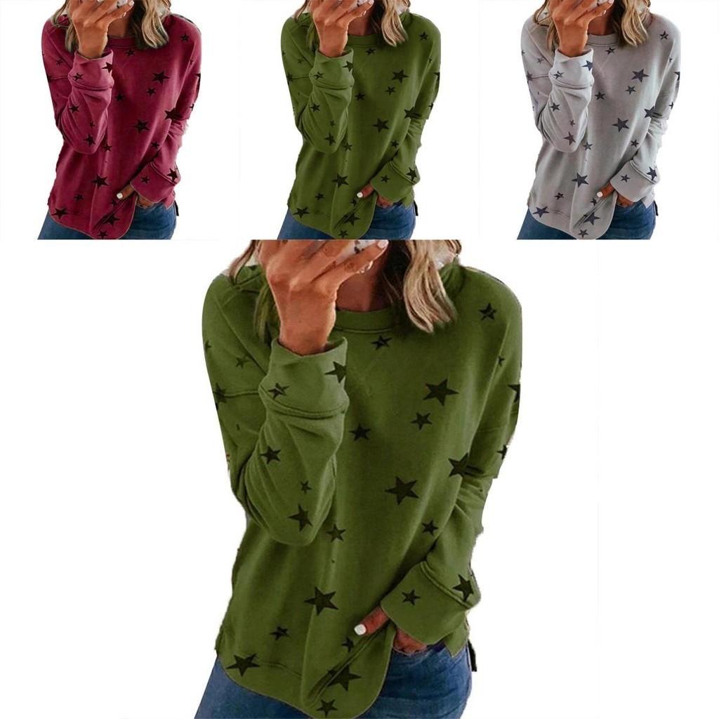 Women Casual Tunic Crew Neck Long Sleeve Star Print Tee Top Blouse For Daily Comfort And Style