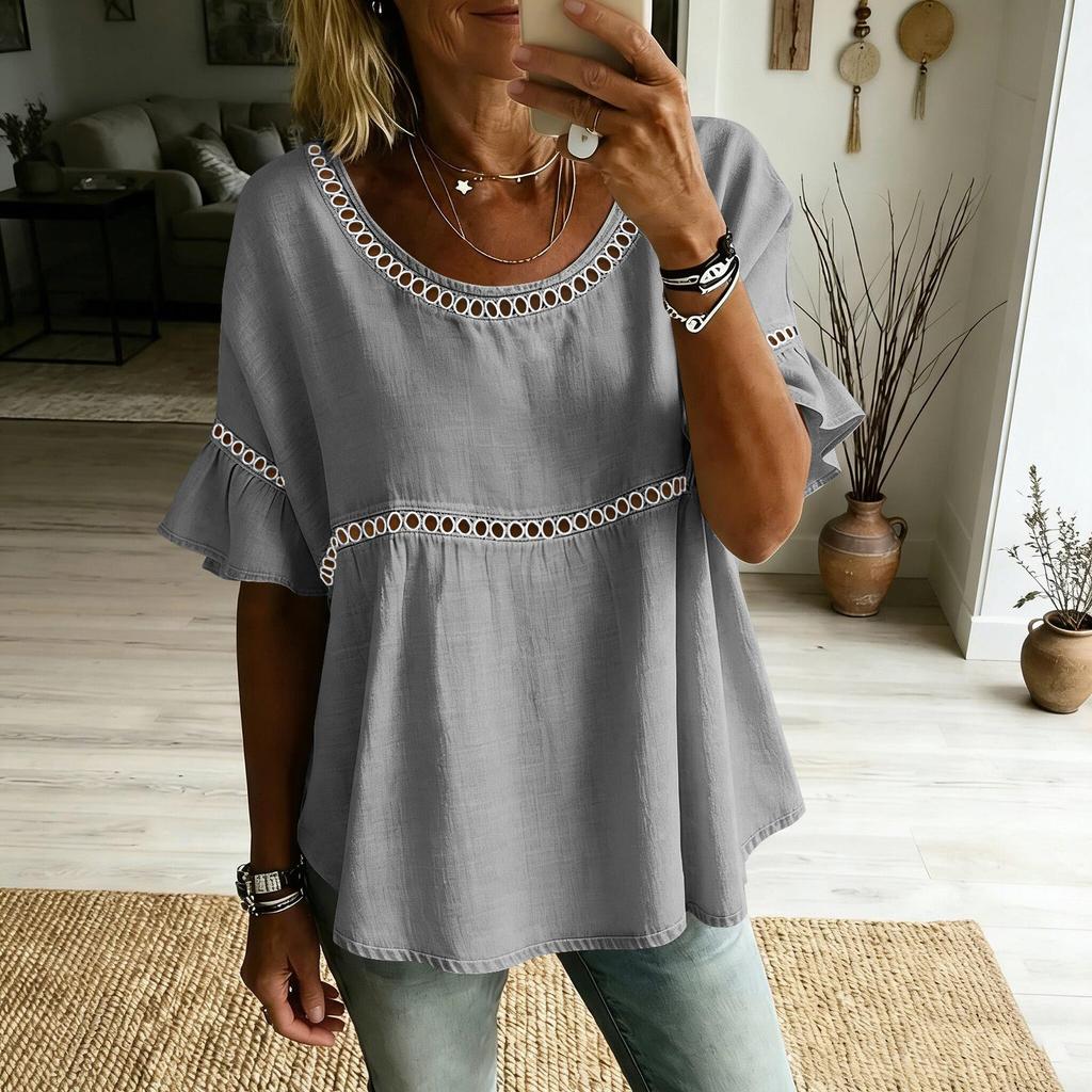 Women Loose Fit Short Sleeve Blouse Round Neck Ruffle Hem Casual Vacation Top Lightweight Comfortable Summer Shirt