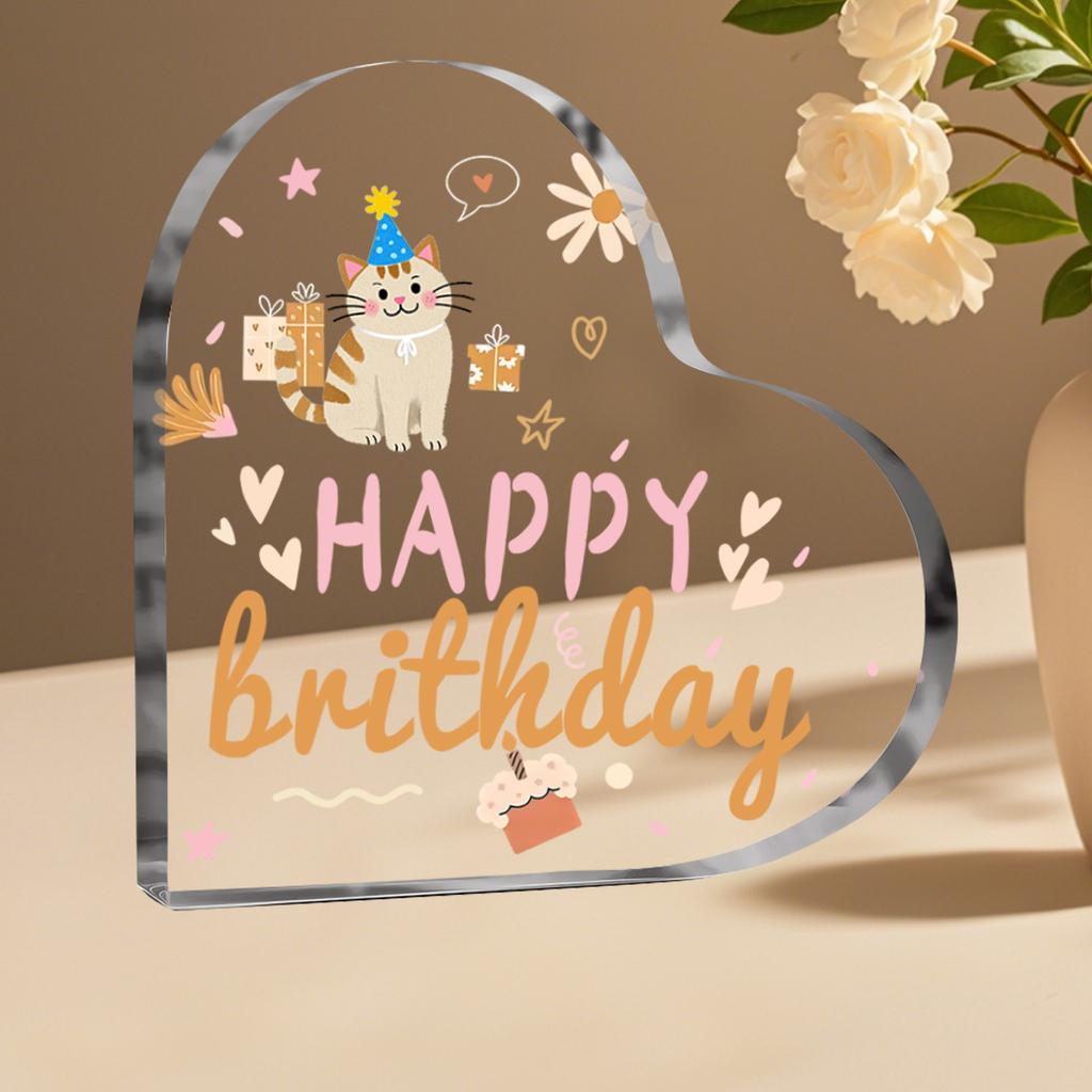 Happy Birthday Acrylic Decoration - Transparent Heart-Shaped Party Decor with Cute Cat, Stars & Confetti Design, Perfect Gift for Birthdays, Festive A