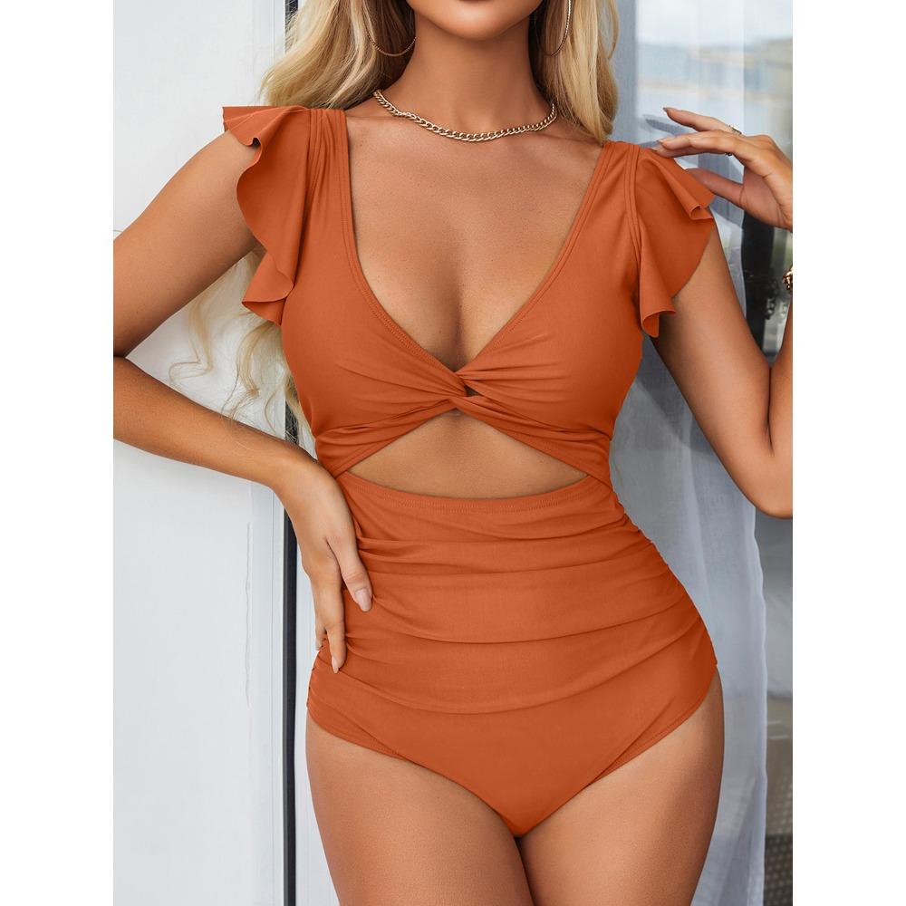 CHARMLEAKS Trajes de baño de una pieza con volantes para mujer, cuello en V, monokini fruncido, trajes de baño para playa y surf