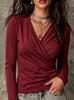 2026 Autumn Women's Cross V-neck Pleated Long Sleeve Casual T-shirt