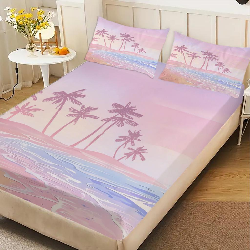 Pink Fitted Sheet Set Landscape Seaside Coconut Tree 3D Print 100% Polyester Mattress Covers Soft Bedding Set With 2 Pillowcases