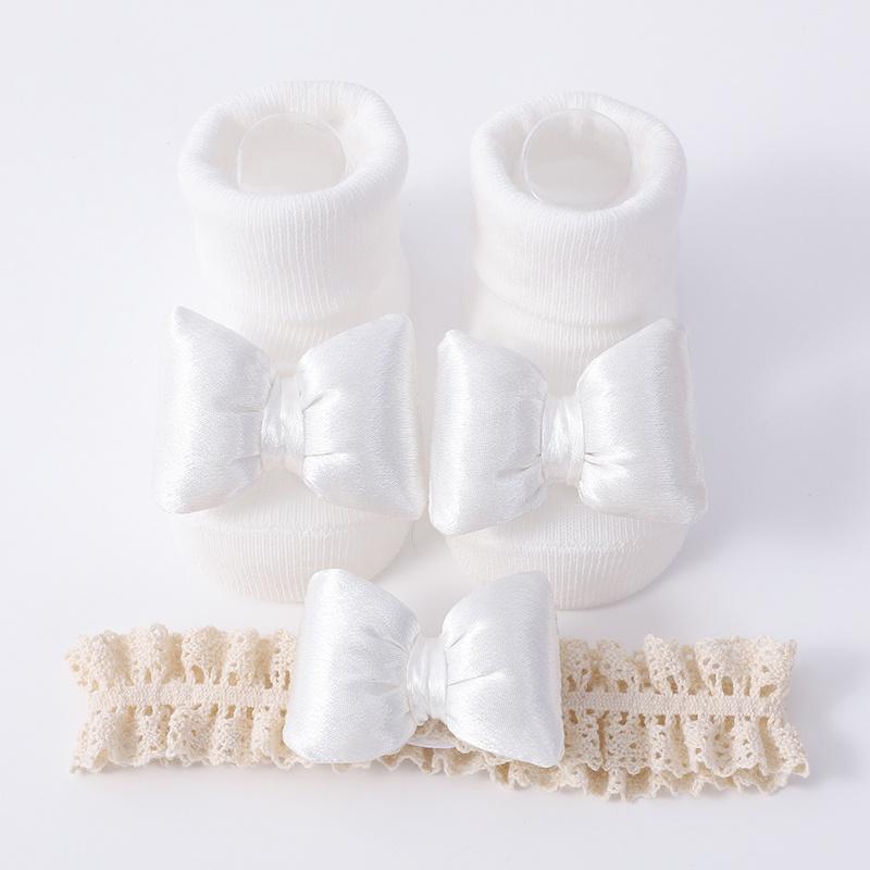 

Носки для девочек с противоскользящими вставками и повязкой на голову, носки для малышей, однотонные, с бантом, милые носки принцессы M белый