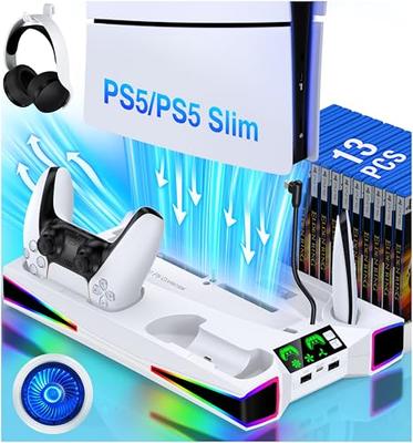PS5 Slim Stand with 6-Color RGB Lights, PS5/PS5 Slim Controller Charging Stand, Simultaneous Charging of 2 Controllers, 3-Stage Cooling, PS5 Disc/Digi