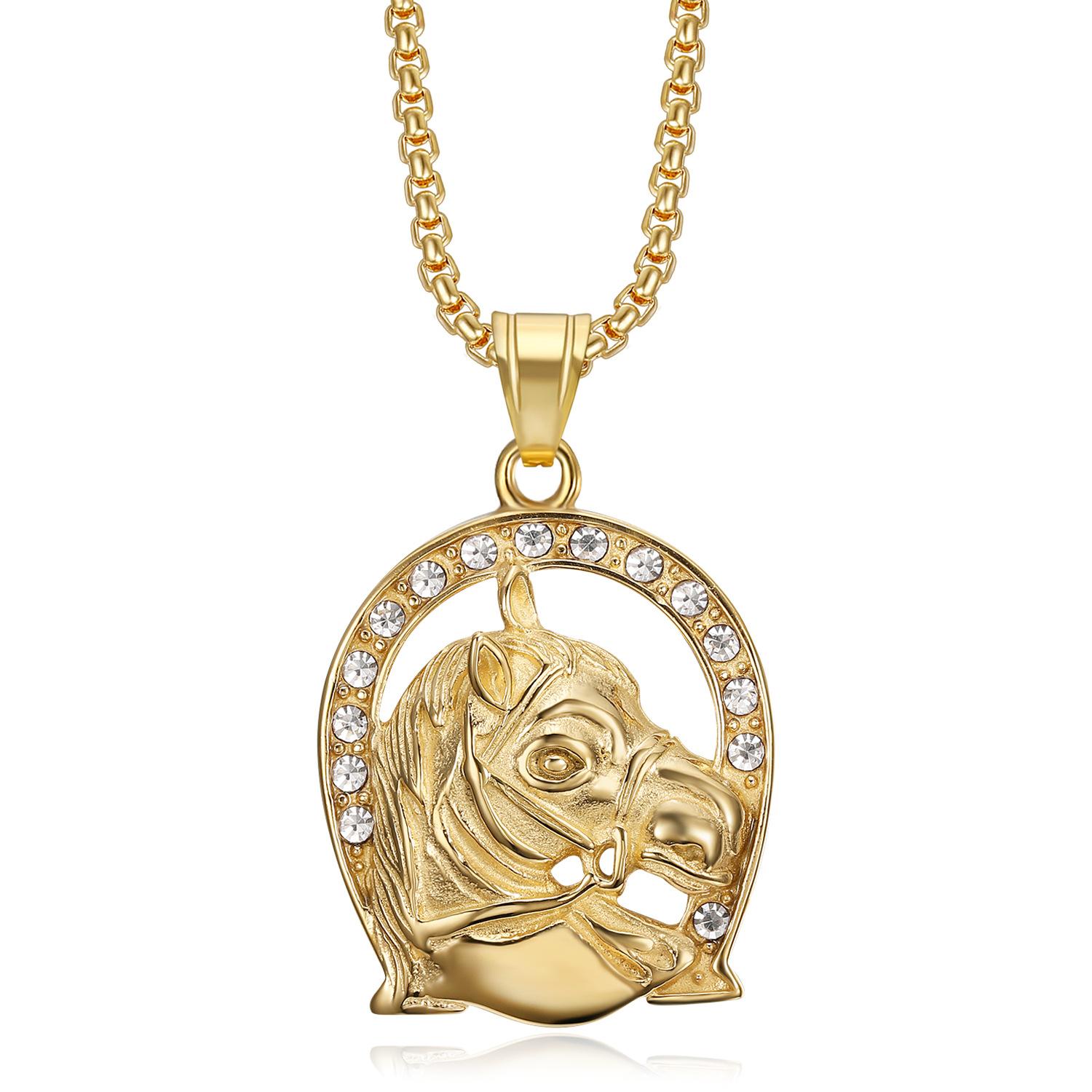 

Hip Hop Iced Out Bling Horse Head Pendant Gold Color Stainless Steel Horseshoe Necklace for Men Jockey Club Jewelry Gift 2025 60cm