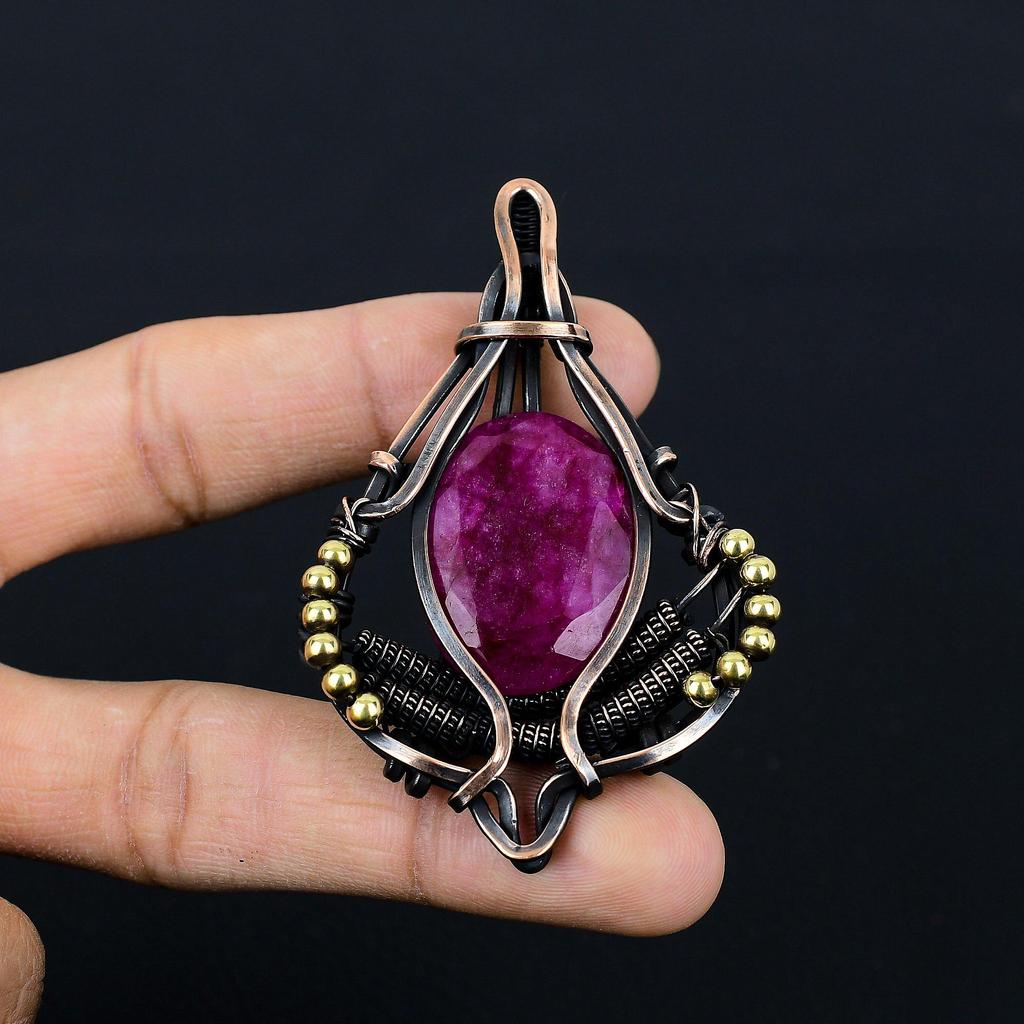 Lab-Created Ruby Gemstone Pure Copper Wire Wrapped Designer Handmade Pendant Jewelry Gift For Woman