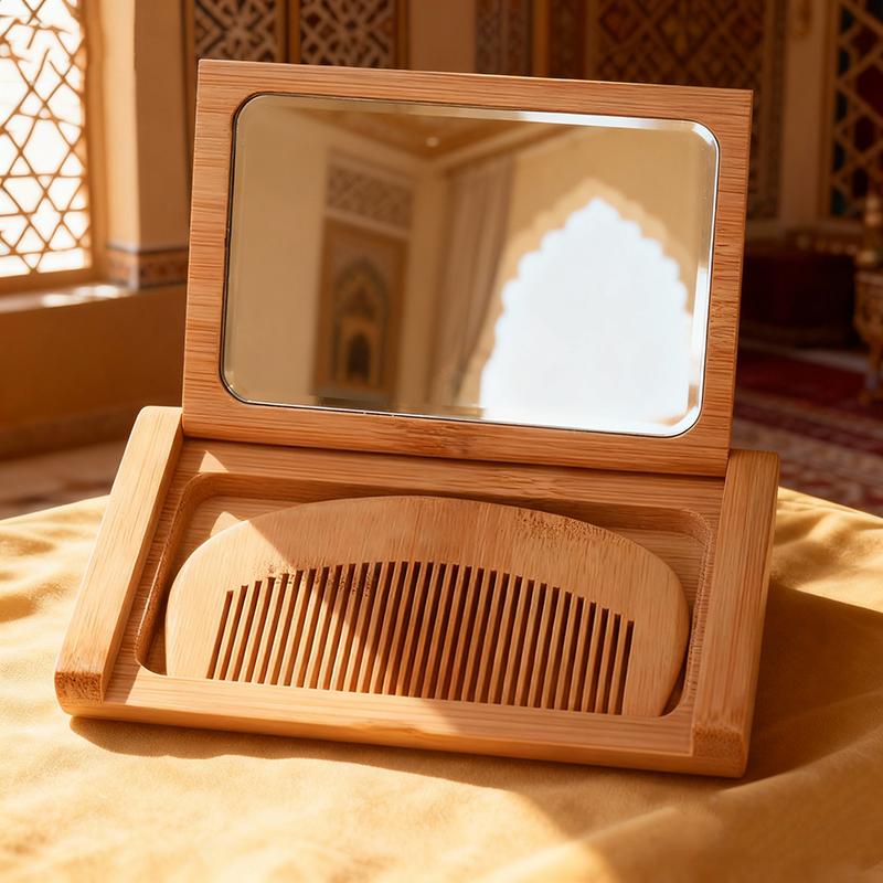 Custom Logo Luxury 2 In 1 Wooden Comb Mirror Set Vintage Foldable Pocket Mirror with Comb Travel Portable Hair Comb with Mirror