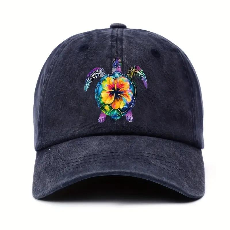 Vibrant Tropical Hibiscus Turtle Print Baseball Cap Distressed Casual Adjustable Sun Hat Unisex One Size