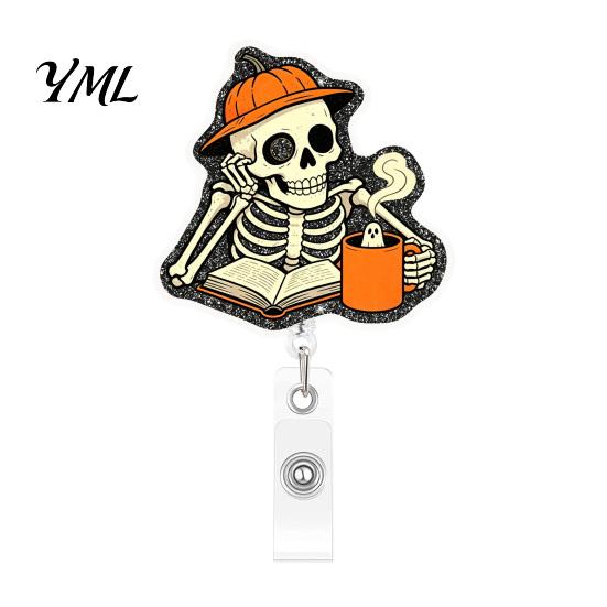 Retractable Badge Holder Halloween Reel, Skeleton And Pumpkin Design, Acrylic ID Card Teacher Id Reel with Sturdy Metal Clip for Nurses Office