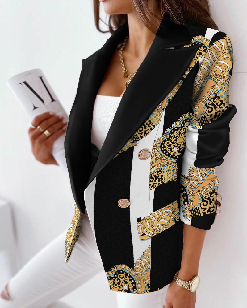 European & American Women's 2024 Autumn/Winter Slim Woolen Coat - Long Sleeve Double-Breasted Casual Printed Small Suit