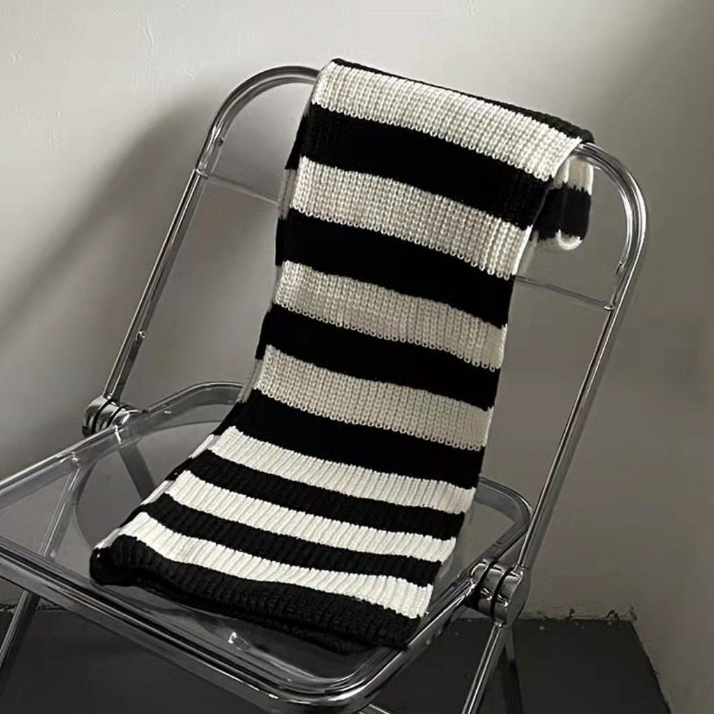 Student Women's Blue Striped Knitted Wool Scarf Korean Style Winter Warm Neck Warmer