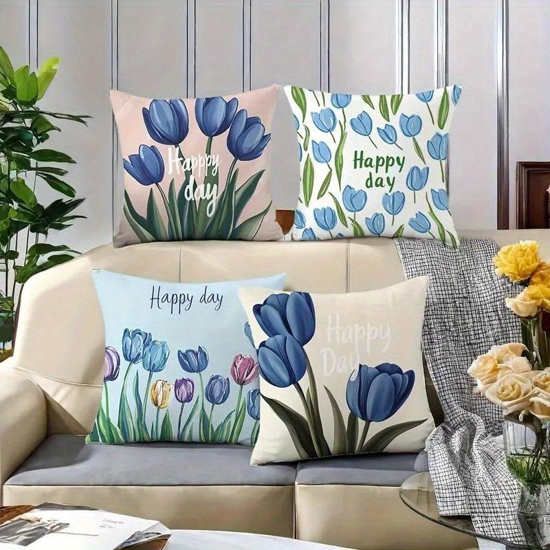 "Happy Day" Blue Tulip Pillowcase: Fresh Floral-Themed Decorative Cushion Cover For Home Sofa