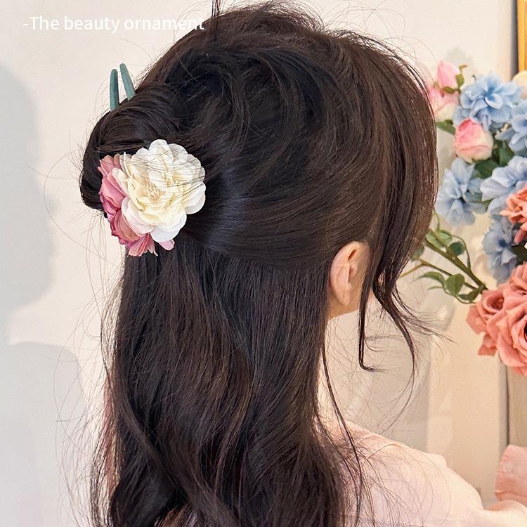 1pc pink-white faux rose hairpin, U-shape for buns/updos. Perfect for weddings, parties & daily wear in spring/summer