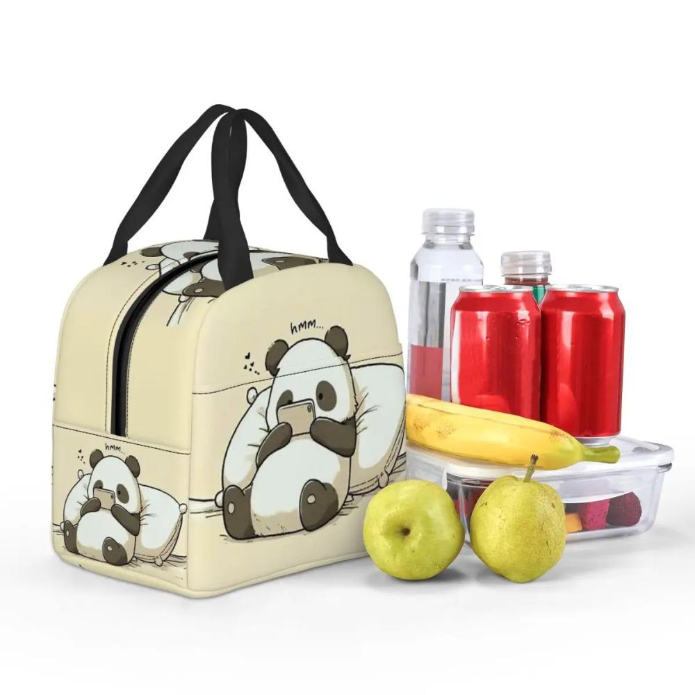 Cartoon Panda Playing With Mobile Phone Insulated Lunch Bag for Women Kids Portable Food Boxes Thermal Lunch Box Tote