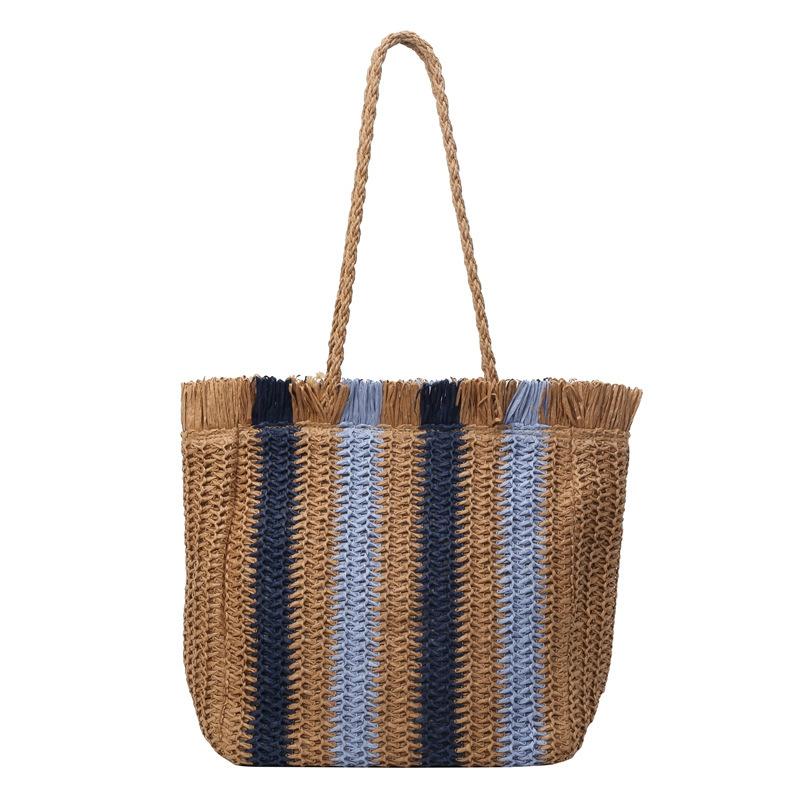 New Versatile Single Shoulder Grass Woven Bag with Striped Hand Woven Bag, Large Capacity Tote Bag, Women's Vacation Beach Bag