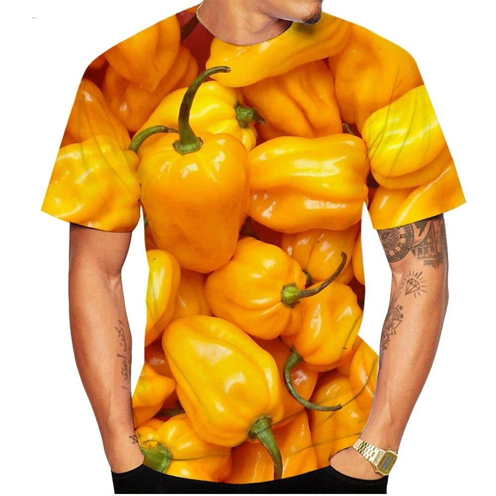 Summer Fashion Chili Vegetable Pattern Printed T-shirts Round Neck Plus Size Comfortable Casual Short Sleeved Top