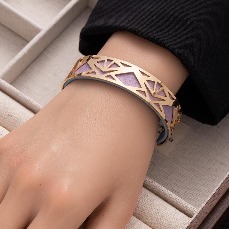 Stylish Replaceable Double-Sided Colored Pu Leather Wide Bracelet Hollow Rhombus Titanium Steel Open Bracelet