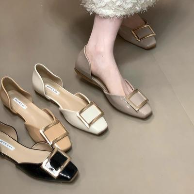 Modne kwadratowe klamry płaskie buty z wycięciami damskie wiosenno-jesienne nowe płytkie buty na jeden rzut Mary Jane francuskie buty dla dojeżdżających