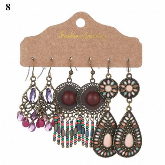 3 Pairs Boho Gypsy Earrings Tribal Ethnic Tassel Turquoise Ear Hook Drop Dangle₊