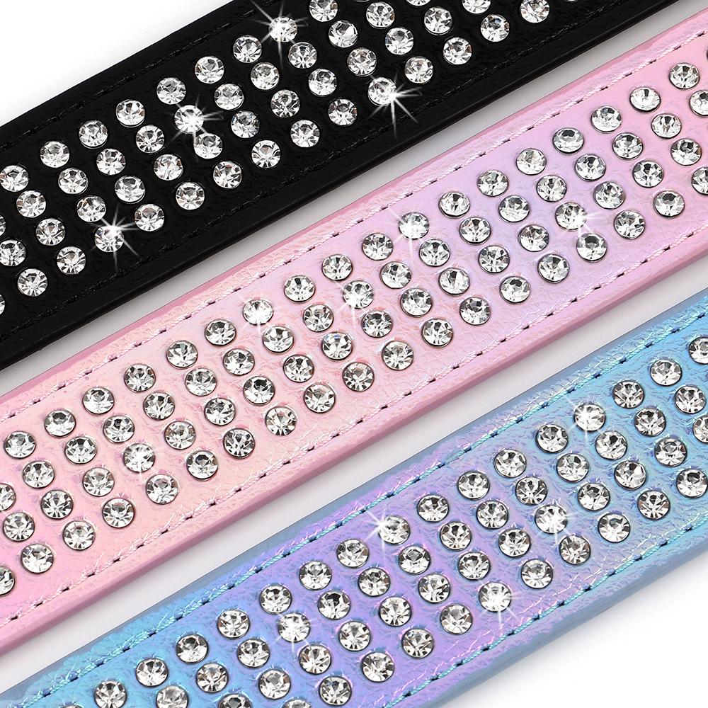 Bling Leather Dog Collar Crystal Big Dog Collars Bulk Rhinestone Pet Collar Accessories for Medium Large Dogs Bulldog Pink Black