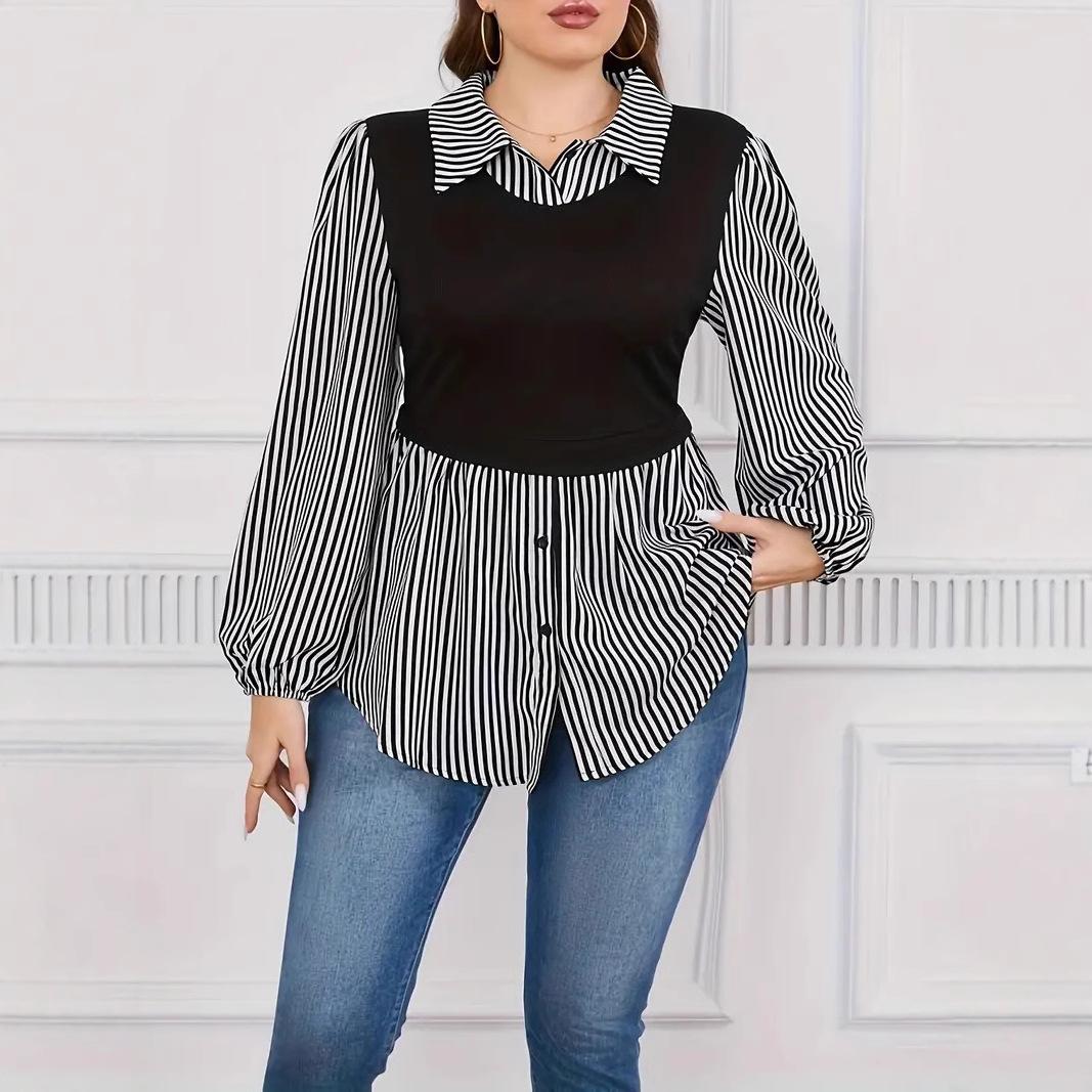 

Женская полосатая свободная рубашка большого размера для осени и зимы Color Collision Splicing 4XL чёрный