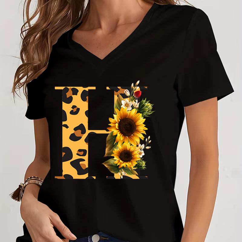 Women's V-Neck T-Shirt Sunflower Leopard Print Letter B Tee Top Floral Animal Print Initial Casual Tee A-Z 26 Alphabet Clothes