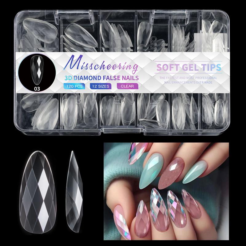 120/140Pcs/Box Square Almond Coffin Nail Extension Tips Natural Clear Full Cover Nails Dual Form 3D Diamond Soft Gel Nail Tips