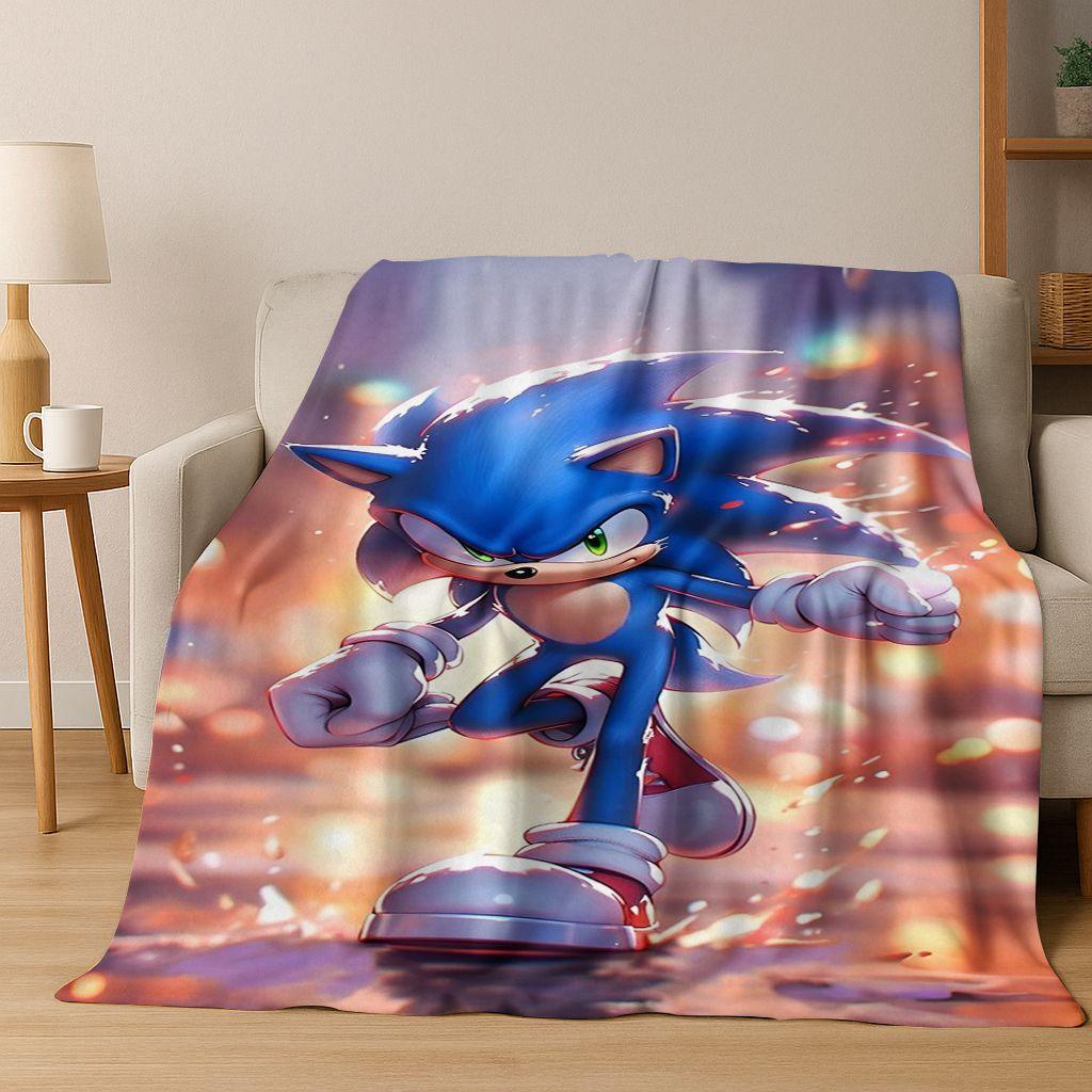 Classic S-Sonic Game Cartoon Hedgehog Flannel Blanket Soft Warm Throw Blanket for Bed Bedroom Room Living Room Travel Picnic Kid