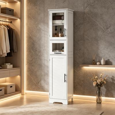 Badezimmer-Säulenschrank, Freistehender Hoher Badezimmerschrank mit 1 Schublade, 2 Türen und Verstellbaren Regalen