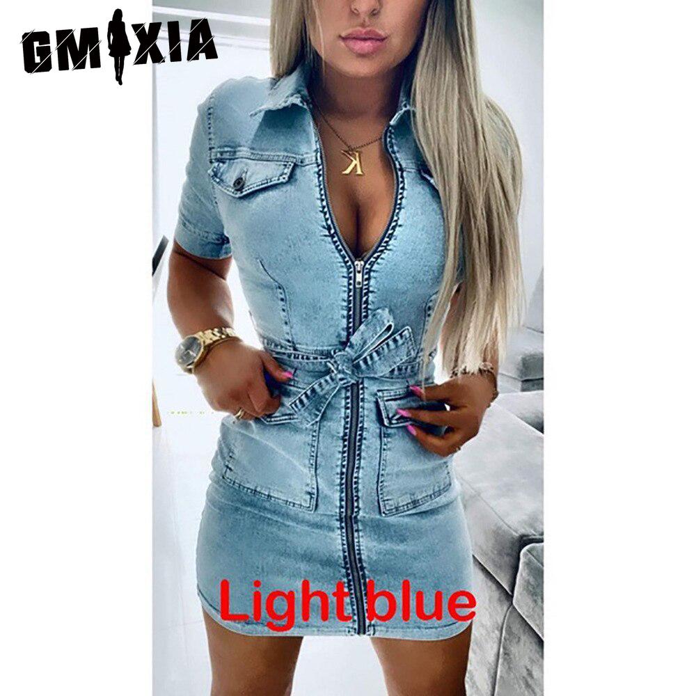 GMXIA Women's Fashion Short Sleeve Zip Up Denim Dress Summer Spring