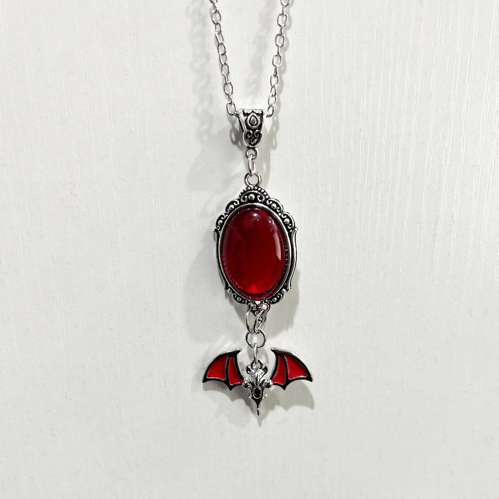 Gothic Vampire Bat Geometric Relief Ellipse Red Crystal Pendant Necklace for Women Halloween Party Charm Witch Jewelry Gifts