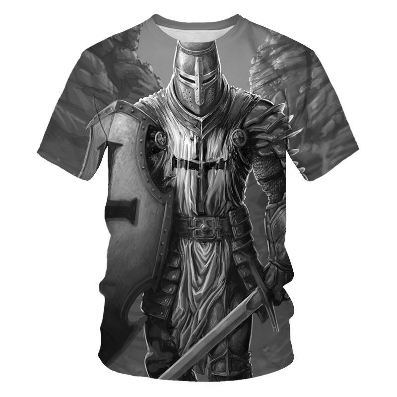 Medieval Knight Templar Print 3D T-shirt Divine Cross Pattern Men's Round Neck Short Sleeve Casual T-shirt Vintage Street Tees