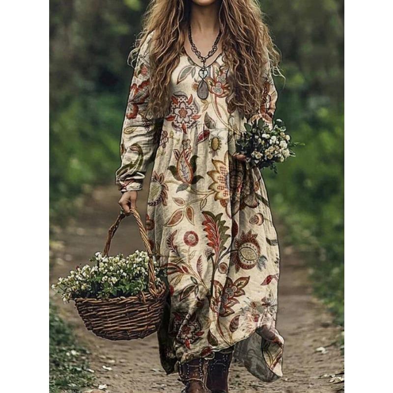 

DAFIFY Женская мода Весна Осень Цветочный принт Длинный рукав V-образный вырез Свободная талия Повседневные платья XL