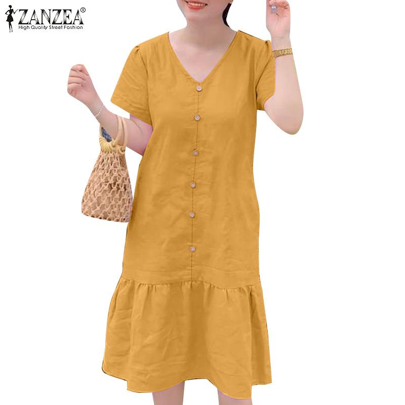 

ZANZEA Женское повседневное однотонное платье с v-образным вырезом и коротким рукавом